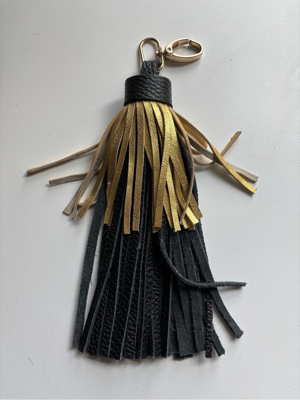 Black & Gold Leather Tassel Keyring with Gold Hardware - Picture 2 of 9